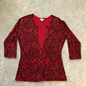 New York & Company Cardigan in Red and Maroon/Burgundy Animal Print with Sequins